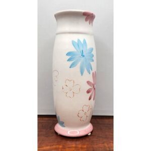Vintage Hand-Painted Bud Vase Pottery 8” Blue Pink Green Floral Flowers  White